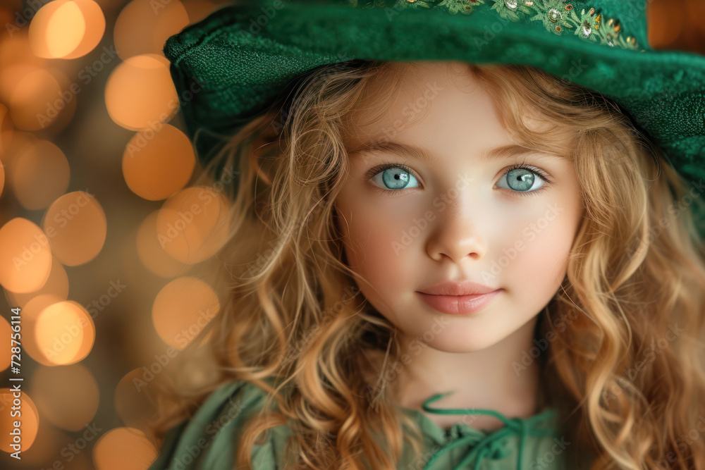 Cute little girl wearing in a St Patrick's day hat against a green background. Cute little girl wearing in a St Patrick's day hat against a green background.