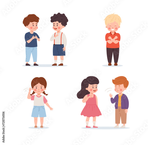 Children are talking on deaf sign language, deaf-mute international sign language symbols articulated gesture vector set