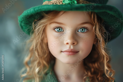 Cute little girl wearing in a St Patrick's day hat against a green background.