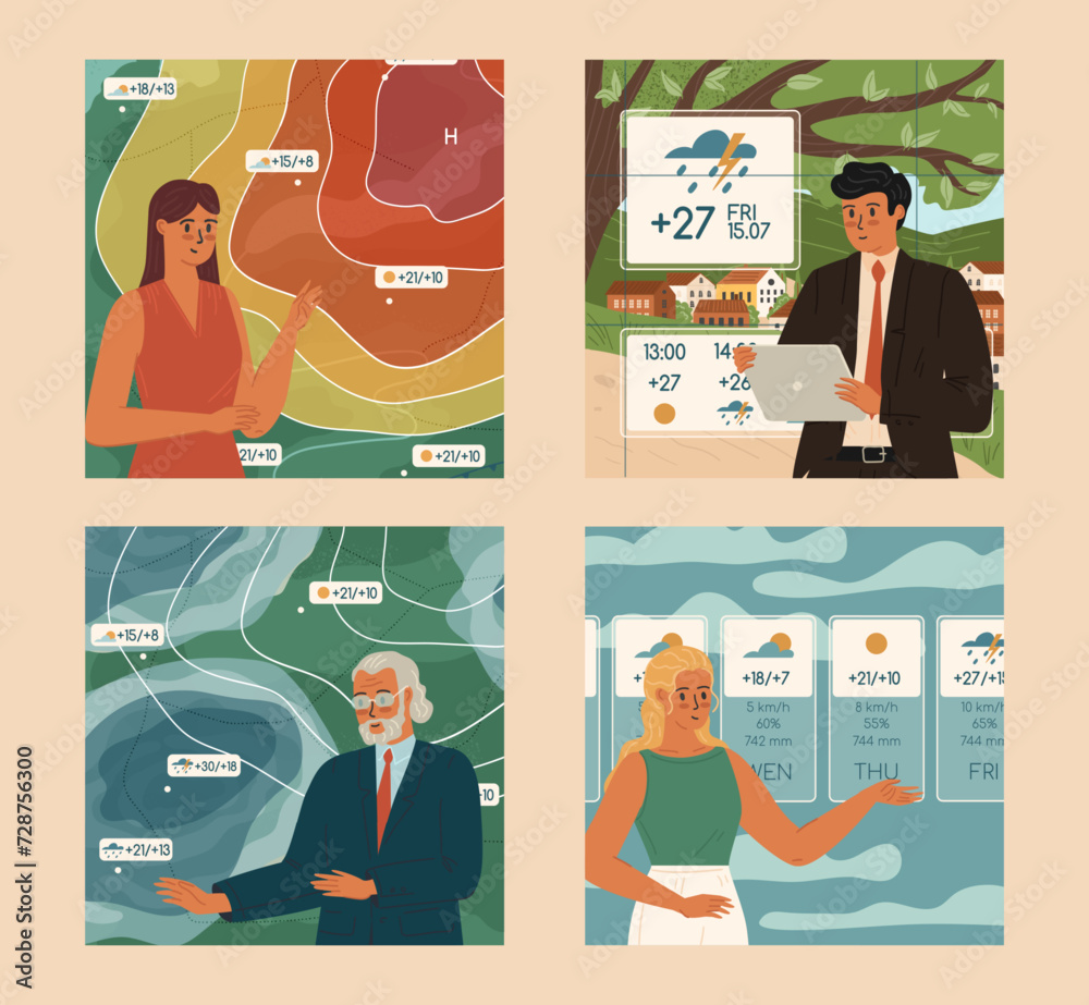 Fototapeta premium Weather forecast scene with host telling about nature and environment changes