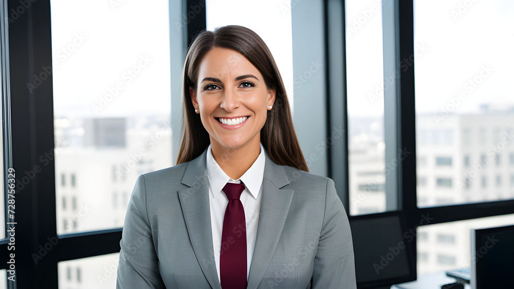 Smiling American woman in office suit, no hands visible, realistic.