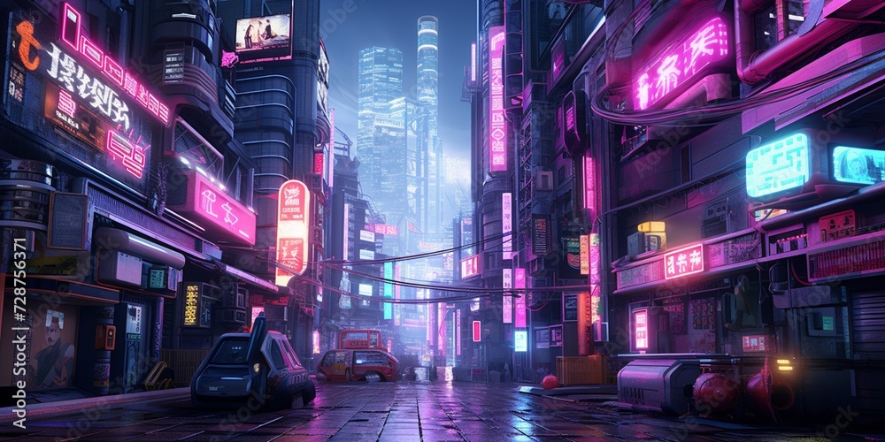 Create a cyberpunk street scene with neon-lit buildings, flying drones, and futuristic billboards.