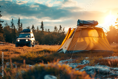 Camping tent close up concept of traveling on dirt roads on an off-road vehicle.