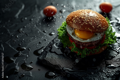 Verlockende Burgerkreation: Saftiger Burger mit Spiegelei und Pattie auf eleganter schwarzer Steinplatte mit verlockenden Fettspuren und erfrischenden Wassertropfen photo