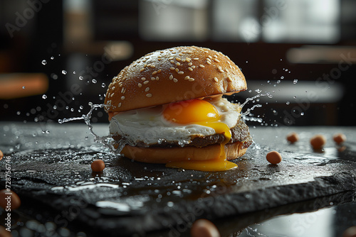 Verlockende Burgerkreation: Saftiger Burger mit Spiegelei und Pattie auf eleganter schwarzer Steinplatte mit verlockenden Fettspuren und erfrischenden Wassertropfen (ID: 728756746)