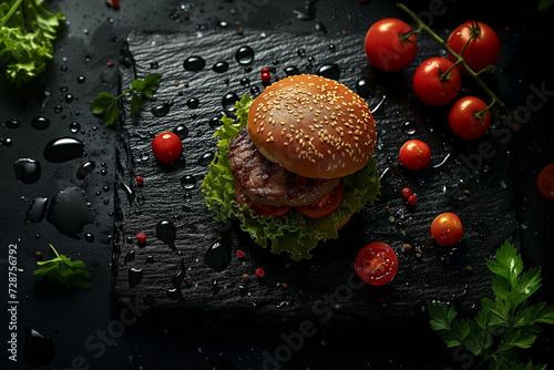 Verlockende Burgerkreation: Saftige Burger mit Patties auf eleganter schwarzer Steinplatte mit verlockenden Fettspuren und erfrischenden Wassertropfen (ID: 728756792)