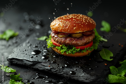 Verlockende Burgerkreation: Saftige Burger mit Patties auf eleganter schwarzer Steinplatte mit verlockenden Fettspuren und erfrischenden Wassertropfen (ID: 728756901)