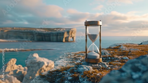 an hourglass standing atop a broken stone, positioned against the backdrop of a breathtaking seascape, highlighting the passage of time amidst the rugged beauty of nature.