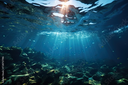 minimalistic design Underwater sea in blue sunlight,