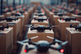 An expansive production line of FPV drones, each precisely placed on packaging boxes, illustrating the scale of drone manufacturing potentially for military use, relevant for topics on the