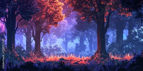  a digital forest with pixelated trees and glowing vegetation.