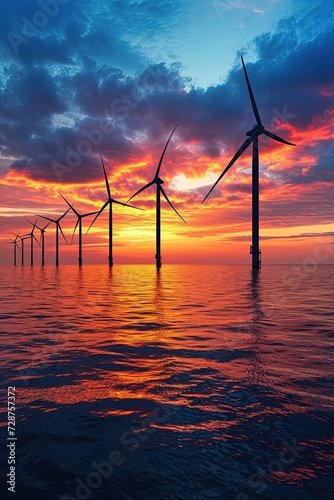 Offshore wind farm at beautiful dramatic sunset. The wind farm stands tall and proud, an emblem of sustainable energy production.