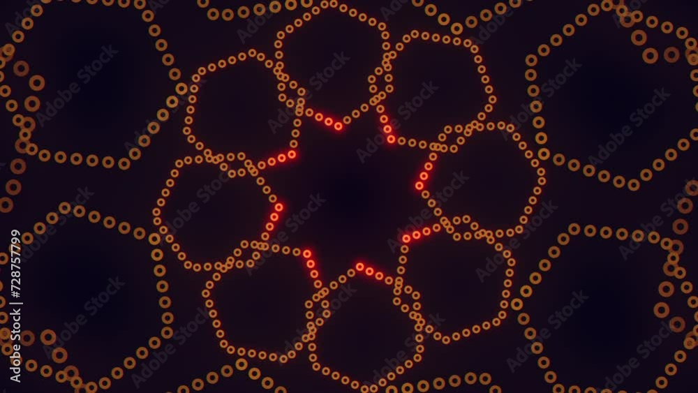 A dynamic image featuring a vibrant pattern of orange circles arranged in a circular motion, intersected by black zigzag lines, creating a sense of movement and energy