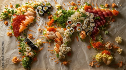 World map made of sushi. All continents of the sushi world