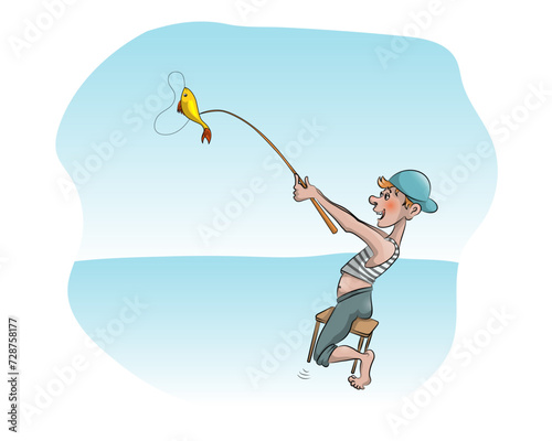 Cheerful fisherman caught a fish