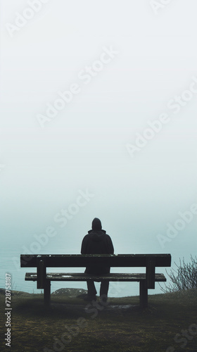 Contemplative Isolation: Lone Person Seated on Seaside Bench Amidst Serene Foggy Silence, a Study in Solitude and Peace