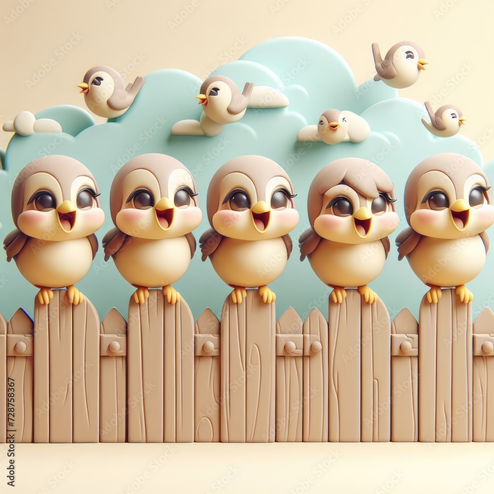 Cute 3D Cartoon Flock of Sparrows on a Fence. 3D minimalist cute illustration on a light background.