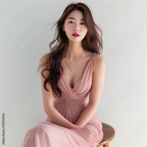 Portrait of a georgeous Asian girl wearing elegant pink dress in white background photo