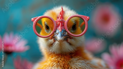 A yellow chicken with pink glasses on its face.
