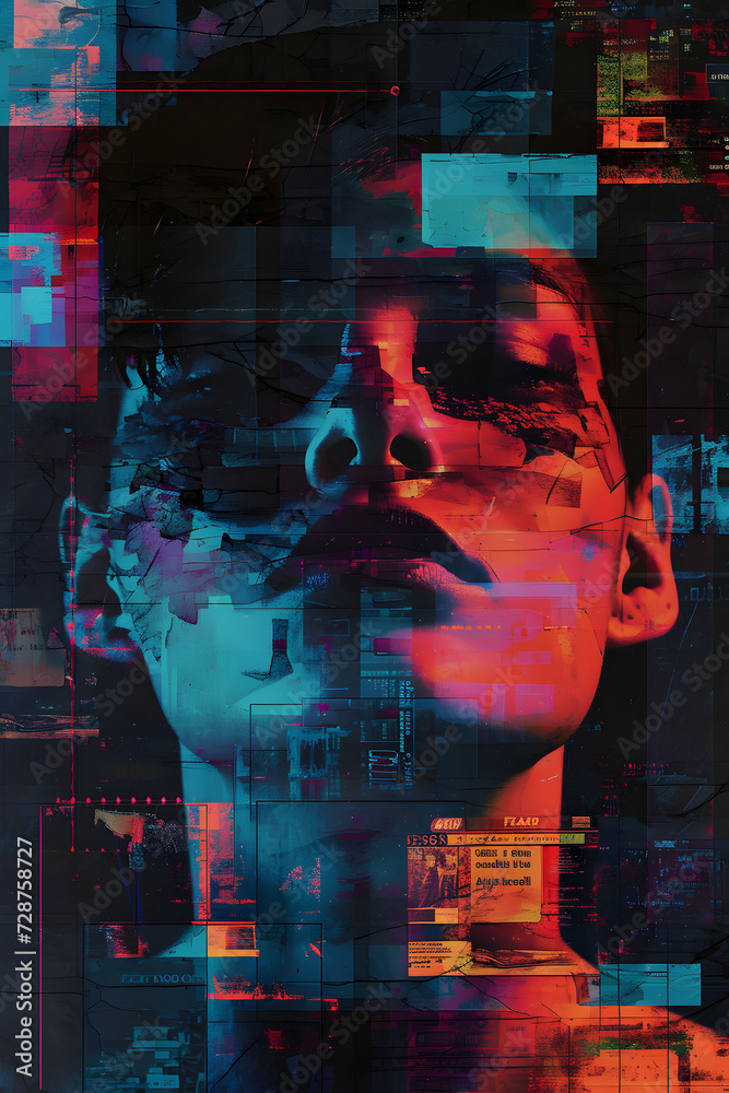 Fototapeta premium Neon Glitch: Digital Patchwork-Tech Artwork with Older Portrait Images - Generative AI