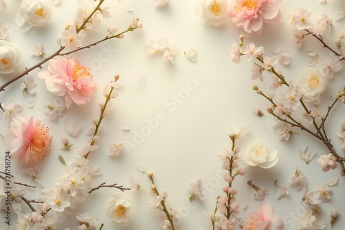 Spring background with natural different colors, delicate floral concept. Minimal concept, frame of spring flowers and branches, copy of space, flat lay