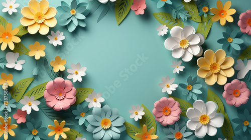 Hello Spring or summer banner with 3d colorful flowers and leaves. Greeting card, invitation template. Modern banner poster, sale template background photo
