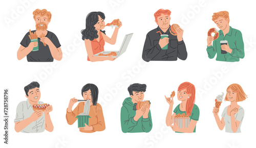 People are eating a fast food  hamburger with soda  pizza  vector characters set with fat snack  bad unhealthy nutrition