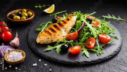 Grilled chicken fillet with fresh vegetables; green salad with arugula, onion, tomatoes and olives. Healthy food