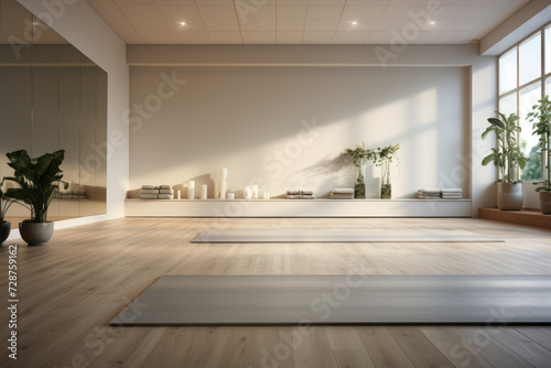 A serene yoga studio with unmarked, polished floors, inviting practitioners into a space of purity and mindfulness. Generative Ai. © Sebastian