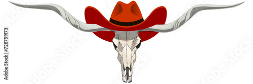 Texas longhorn Texas cow head skull isolated transparent without background ready for print with a cowboy hat