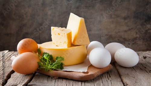Cheese and fresh chicken eggs on wooden table. Dairy products. Organic and tasty farm food.