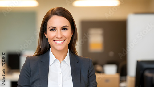 Smiling woman, suit, office backdrop, no hands
