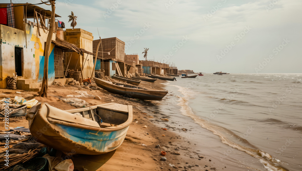 A coastal fishing community in Senegal dealing with the economic fallout of declining fish populations due to climate change