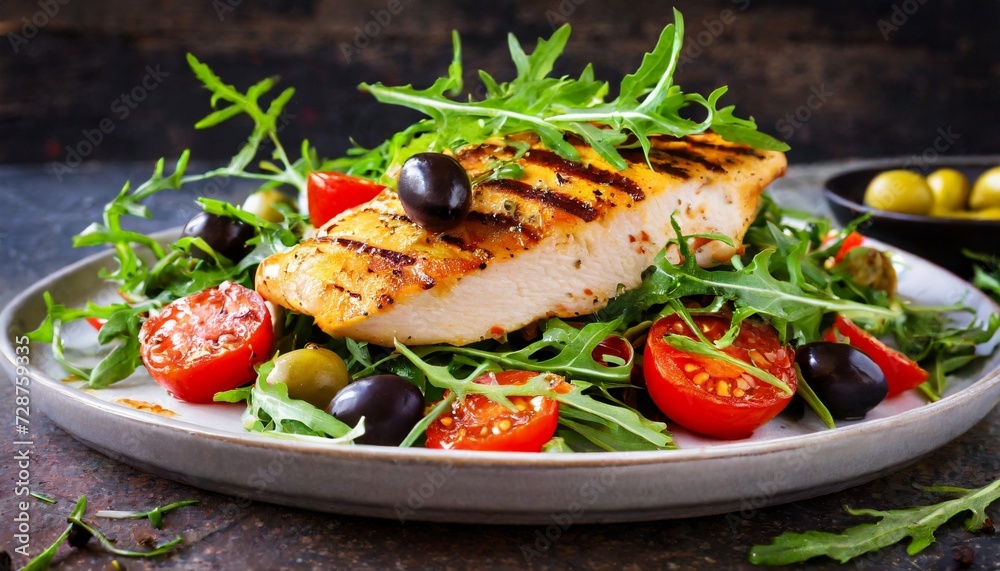 Grilled chicken fillet with fresh vegetables on plate; green salad with arugula, onion, tomatoes and olives Grilled chicken fillet with fresh vegetables on plate; green salad with arugula, onion, tomatoes and olives