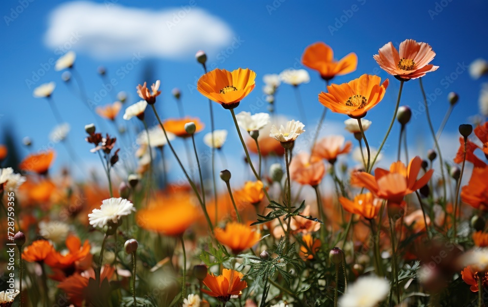 Field of orange poppies and white wildflowers under a clear blue sky