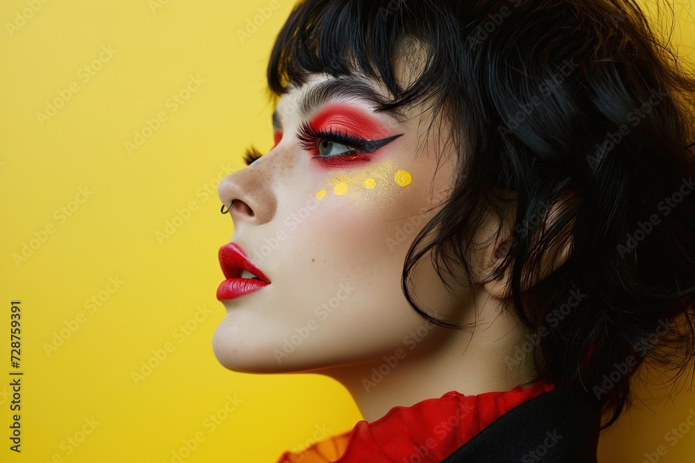 A detailed close-up shot capturing the intricately applied makeup on a persons face. A detailed close-up shot capturing the intricately applied makeup on a persons face.