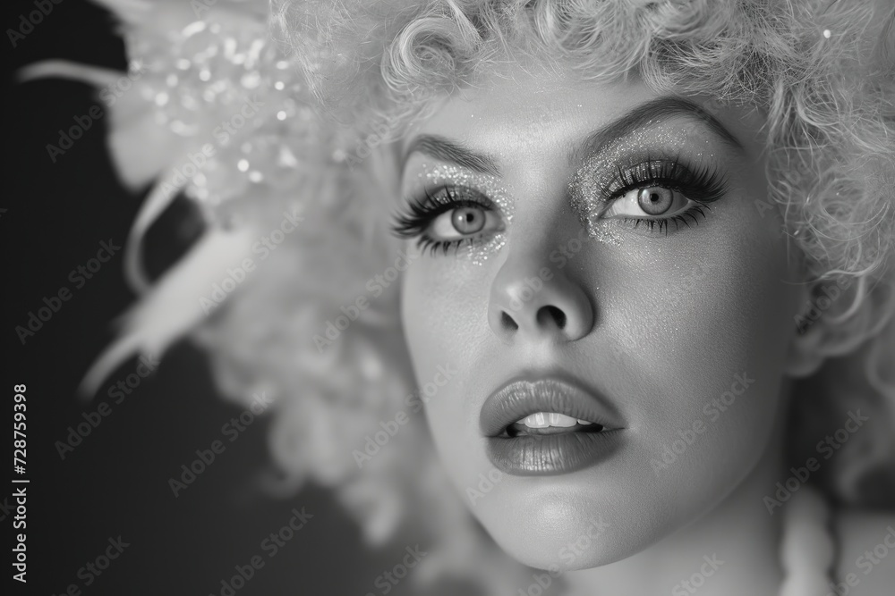 A black and white photo of a woman with curly hair, showcasing her distinctive hairstyle.