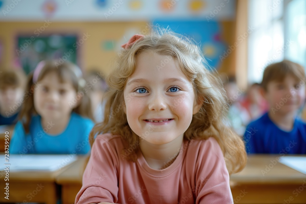 A girl, a student at a mixed school, smiles at the camera while sitting at her desk. A girl, a student at a mixed school, smiles at the camera while sitting at her desk.