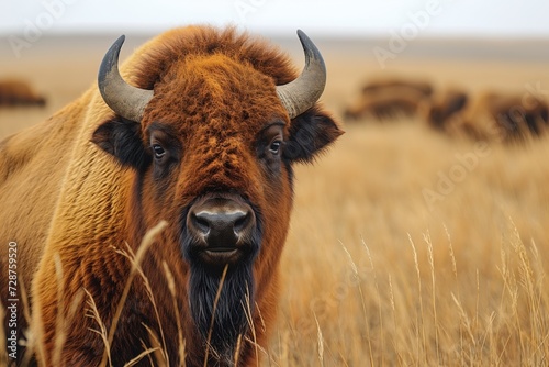A bison stands in a field of tall grass, surveying its surroundings.