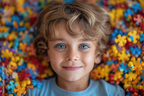 A young boy with striking blue eyes enjoying lying in a playful pile of vibrantly colored beads.