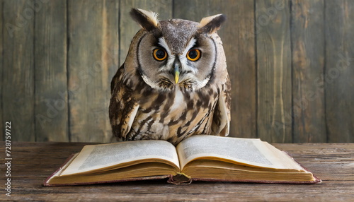 Wallpaper Mural Owl sitting behind an opened book lying on wooden table Torontodigital.ca