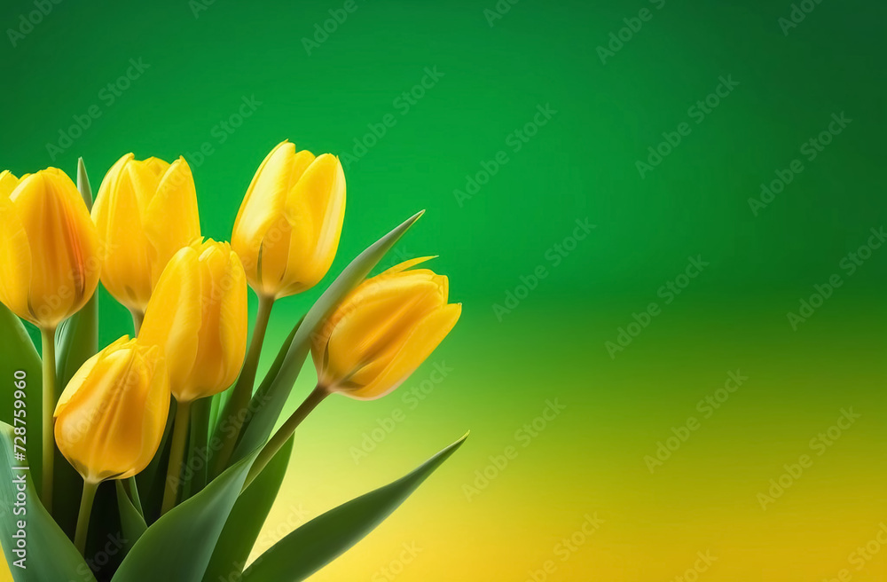 Bouquet of yellow tulips on a green background. Copy space Bouquet of yellow tulips on a green background. Copy space