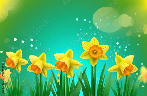 Daffodil flowers on a yellow-green gradient background. Postcard. Copy space