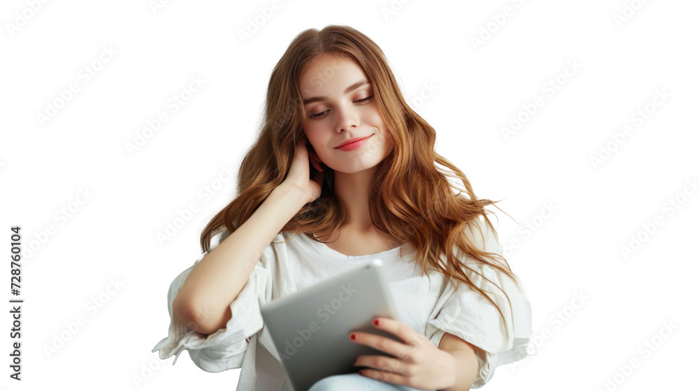 Beautiful Blond Girl Using Tablet, Isolated on Transparent or White Background No Shadow - Hand Edited Beautiful Blond Girl Using Tablet, Isolated on Transparent or White Background No Shadow - Hand Edited