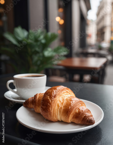 Croissant and cup of coffee on a table outdoors