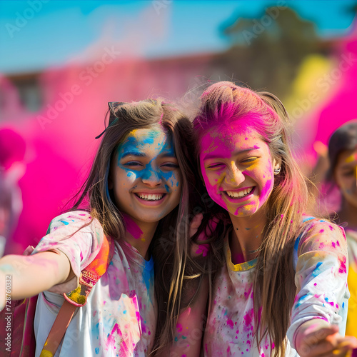 Happy Indian female friends having fun at Holi festival Smiling Faces covering a Holi powders © artistic