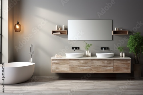 minimalistic design White and wooden bathroom with double sink photo