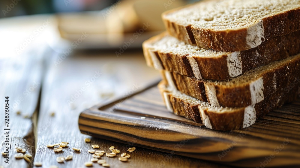 A stack of sliced dark bread sitting on top of a cutting board. A stack of sliced dark bread sitting on top of a cutting board.