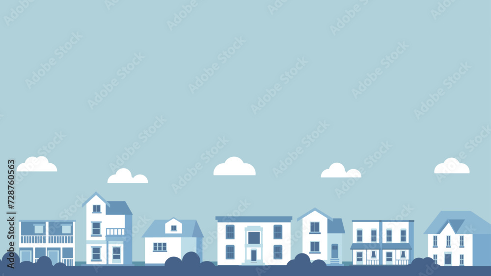 Vector urban building skyline bakground illustration with clouds and building and house	