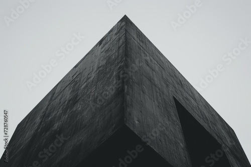Monochrome image of a stark black geometric structure creating a pointed edge against the sky